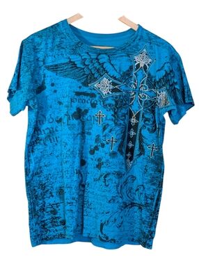Konflic Blue All Over Graphic Cross Wing Tee Men's M Streetwear Biker Casual